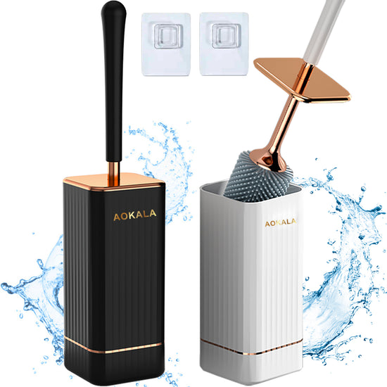 Aokala Toilet Brush and Holder, Elegant Silicone Toilet Bowl Brush Set with Ergonomic Long Handle, Modern Bathroom Decor Cleaning Accessories, Durable, Deep Cleaning Christmas gifts/Halloween gifts! - Black & White