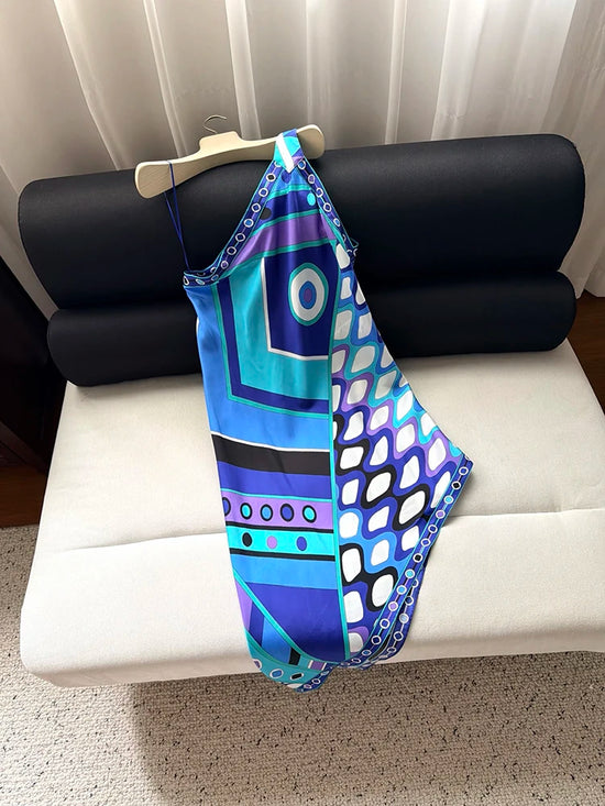 Spring Summer Fashion Vintage Geometric Print Asymmetrical Long Dress Women&