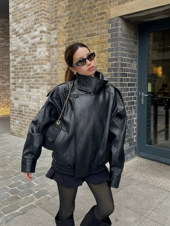 Fashion Black Faux Leather Short Jackets Women Retro High Neck Long Sleeve Oversized Coats Lady Autumn Winter Classic Streetwear