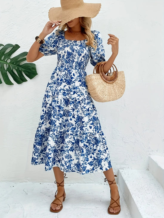 Elegant Direction Long Floral Print Dress with Collar Floral Print Maxi Dress Women&