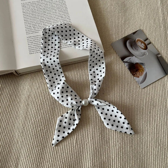 Fashion Vintage Thin Polka Dot Neckerchief Pearl Adjustable Silk Scarf Necklace Elegant Beads Choker Scarf Women Daily Outfit