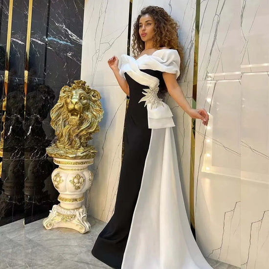 Fashion White and Black Evening Dresses Off the Shoulder Appliques Pleat Formal Guest Long Dress Special Event Chapel Train Gown