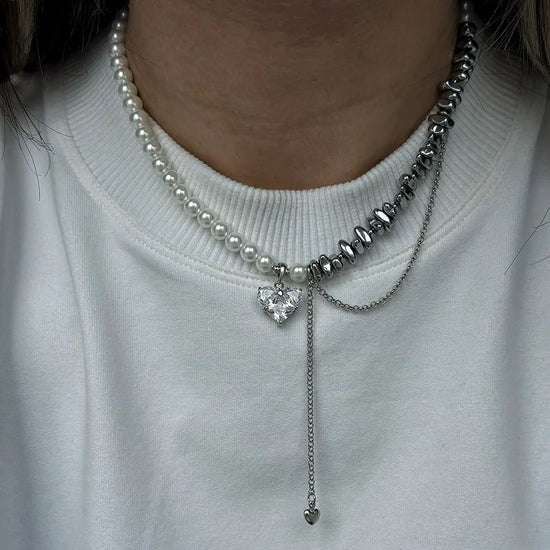 New Irregular Choker Vintage Tassels Zircon Heart Pendant Necklace For Women Female White Imitation Pearl Chain Valentine&