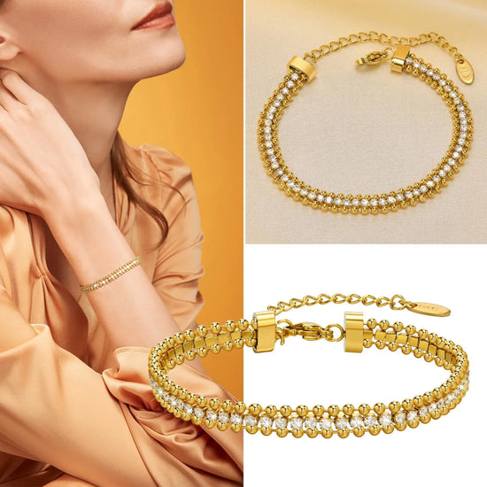 Tennis Bracelet for Women, Cubic Zirconia Chain Bracelet Adjustable,Stainless Steel Wave Bead Chain Three-layer Bracelet Jewelry
