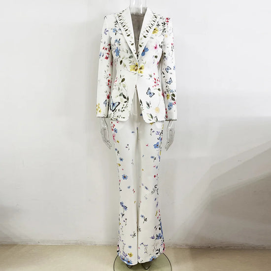 2026 New Fashionable White Digital Print Suit Jacket and Trousers Set - Casual Two-Piece Set