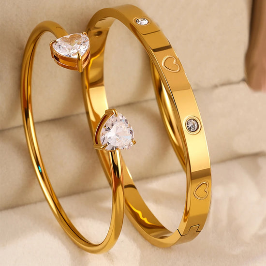 Yupsk 18K Gold Plated Stainless Steel Heart Shape Zirconia Open Bracelet for Women Sparkling Zircon Valentine&