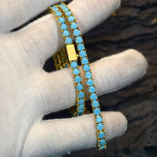 New 4MM Tennis Bracelet with Gold Plated Brass and High Grade Turquoise Suitable for Both Men and Women as a Holiday Gift