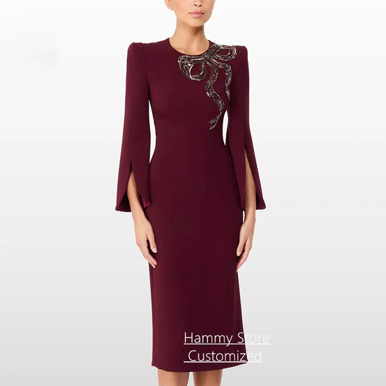 Fashion Short Evening Dress Customized Long Sleeves Beading Sequined Round Neck Tea Length Arabic Cocktail Party Gown