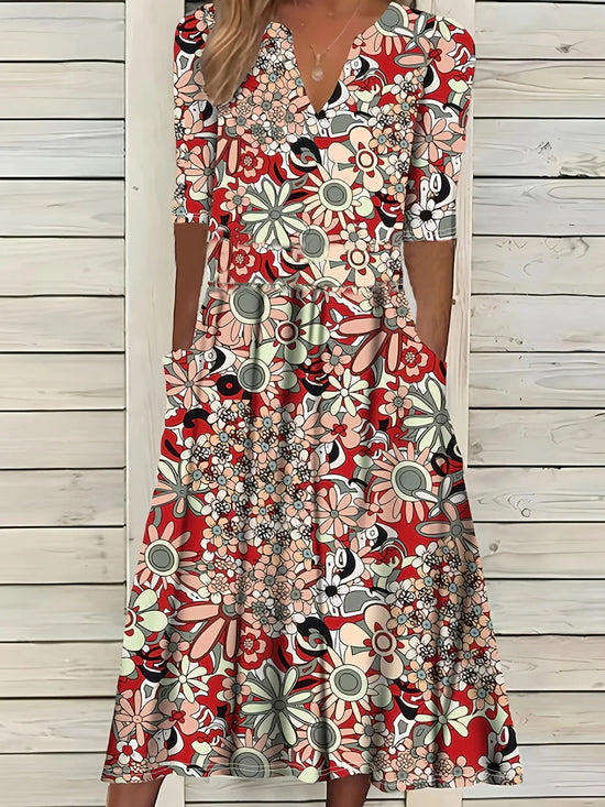 Summer Fashion Vintage Floral Print Boho Party Dresses For Women 2025 Elegant V-Neck Half Sleeve Pockets Beach Long Dress Robe