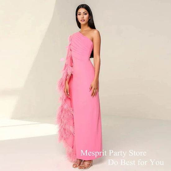 Fashion Feathers Prom Dress  with Cape One Shoulder Pleat Ankle Length Formal Evening Dresses Saudi Arab فساتين للمناسبات الرسمي