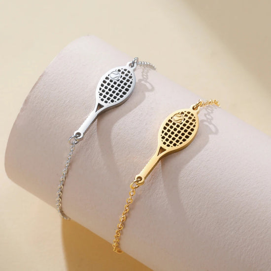 Tennis Racket Charm Bracelet Women Men Minimalist Stainless Steel Tennis Lover 2 Layers Link Chain Black Red Rope Wrist Jewelry
