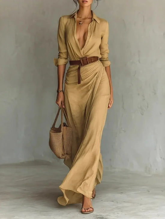 Fashion Sexy Single-breasted V-neck Long-sleeved Dress For Women Elegant Spring Autumn Solid Color Irregular Belt Dresses Female