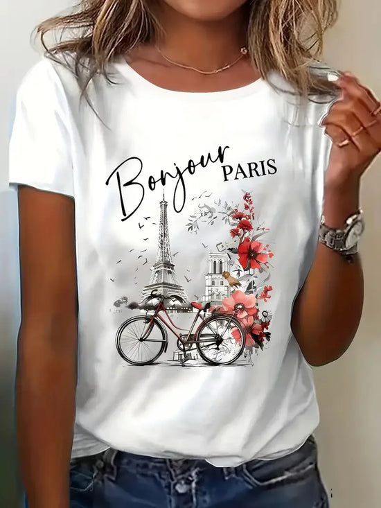 Fashion Bonjour Paris Text Print Short Sleeve Printed T Shirt  Casual Clothing Women&