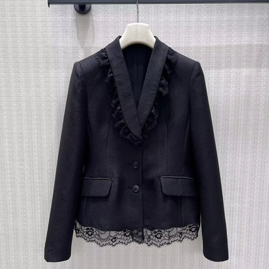 French Elegant Fashion Designer Black Blazer Suit Women Lace Patchwork Notched Long Sleeve Single Breasted Pockets Slim Jacket