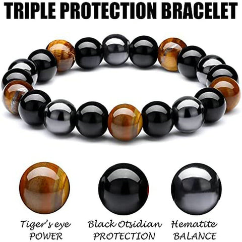 Black Obsidian Hematite Tiger Eye Stone Triple Protection Bracelet For Men Women