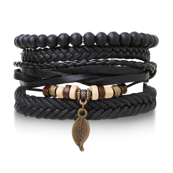 IFMIA Vintage Black Bead Bracelets For Men Fashion Hollow Triangle Leather Bracelet &amp; Bangles Multilayer Wide Wrap Jewelry 2020