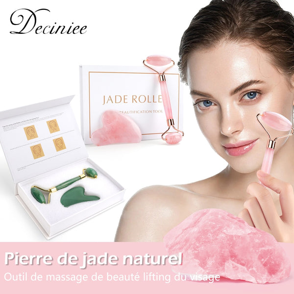 Natural Rose Quartz Jade Roller Gua Sha Set Facial Body Massager Tools
