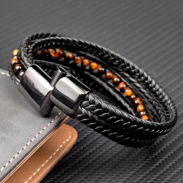 Fashion Men's Bracelet Natural Yellow Tiger Eyes Beads Braided Leather Stainless Steel Magnetic Clasp Bracelets