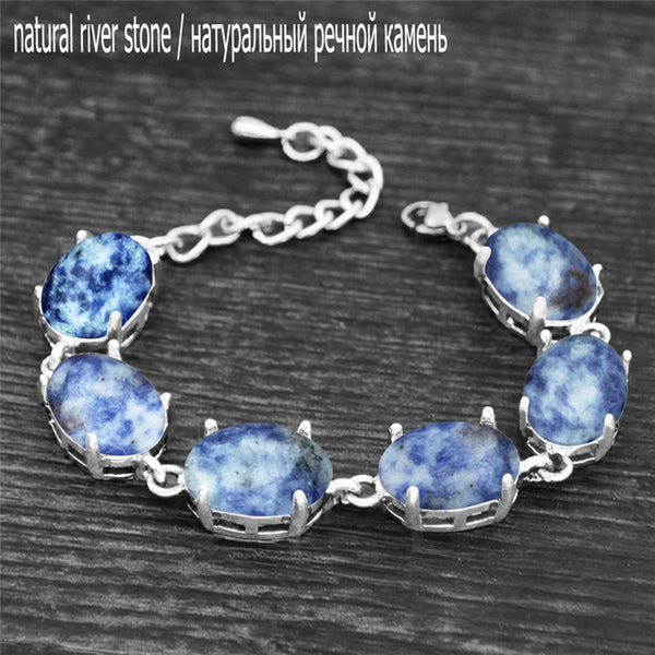 Vintage Oval Natural Jade Quartz Bracelet Prong Natural Stone Amethysts Tiger Eye Lapis Lazuli Bracelets
